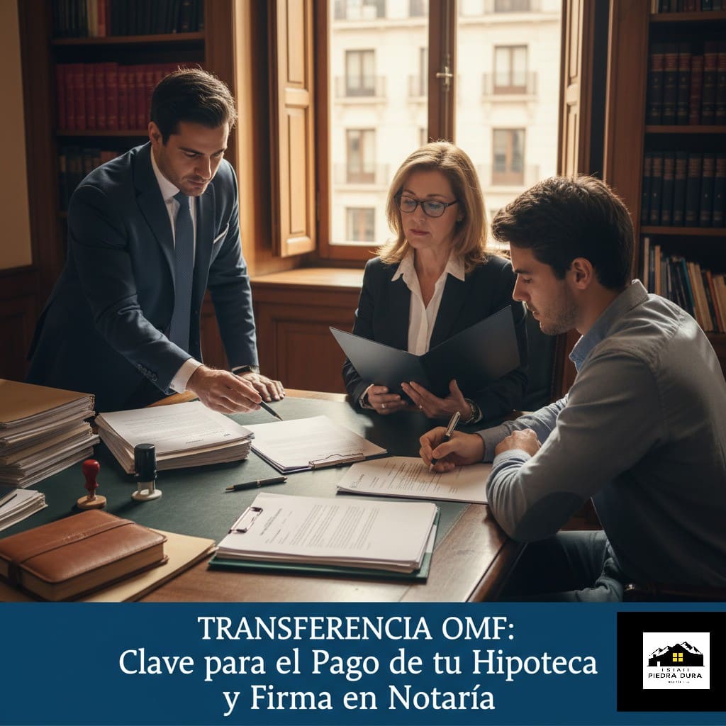 Agente de estatepiedradura.com explicando la Transferencia OMF para el pago de hipoteca en notaría