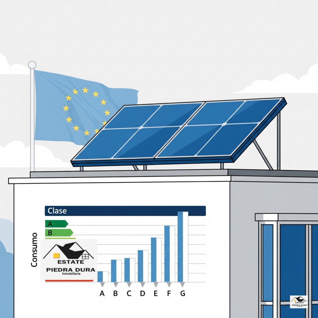 Certificado energético 2030, gráfico de eficiencia energética de edificios, paneles solares