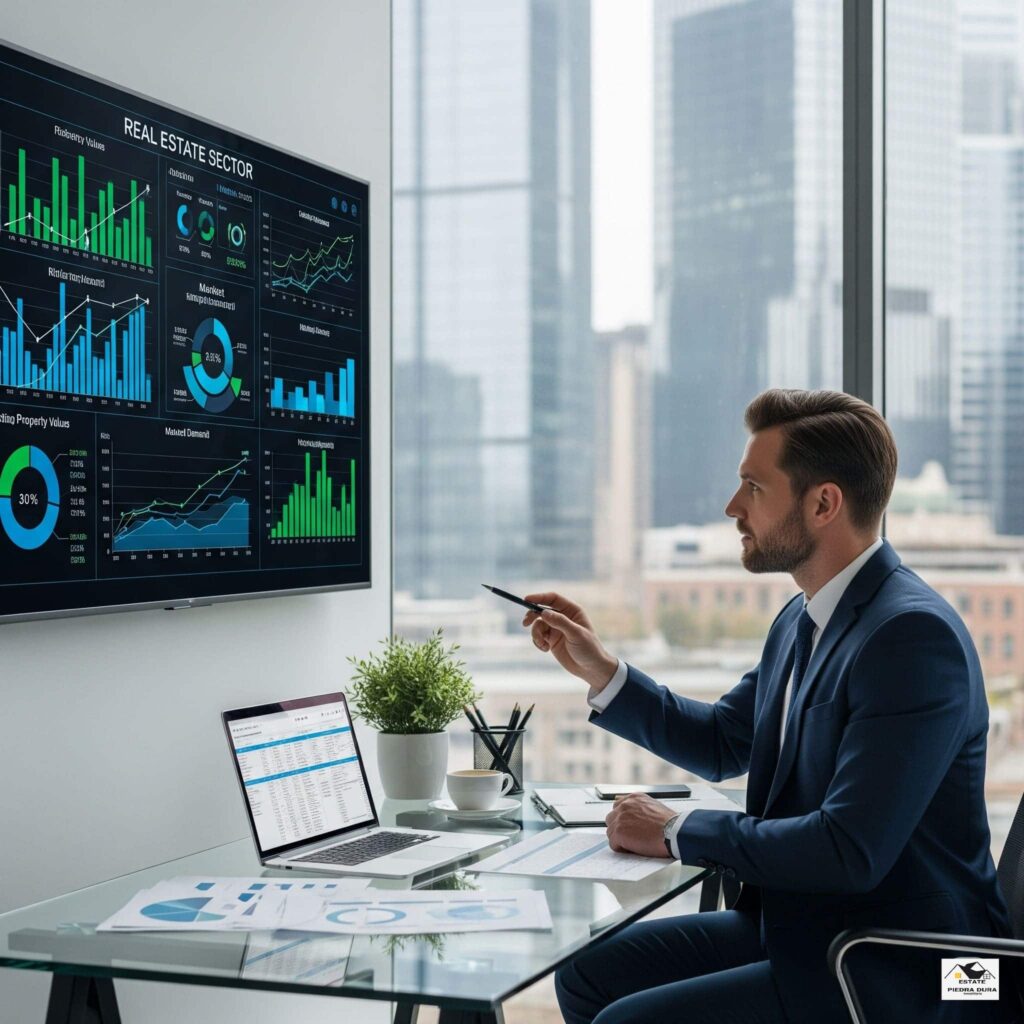 Tendencias del Sector Inmobiliario y el Mercado Actual(1)-min Agente inmobiliario analizando las tendencias del sector
