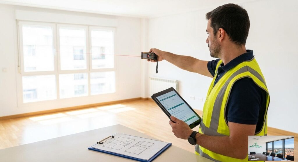 Eficiencia energética viviendas Galicia tecnico trabajando en medir un inmueble 2026