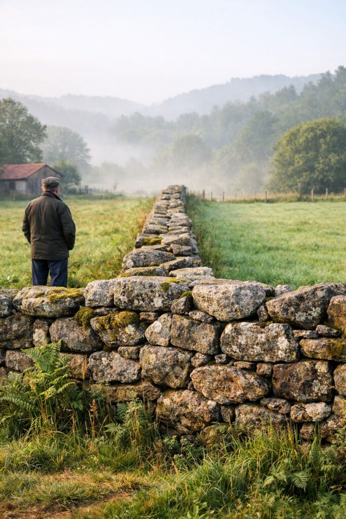 Muro de piedra tradicional dividiendo dos fincas colindantes en el paisaje rural de Galicia. Representación de lindes y derechos vecinales.