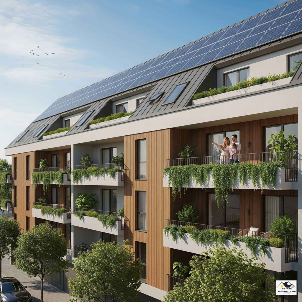 Edificio de apartamentos reformado con paneles solares, eficiencia energética en comunidades de vecinos