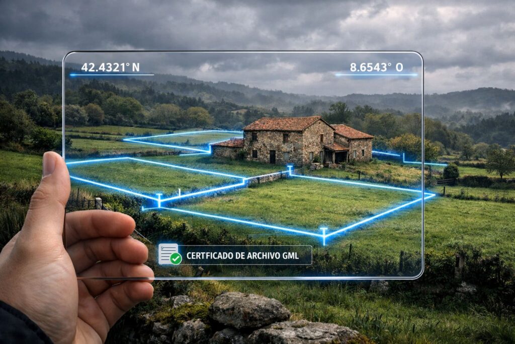 Tablet mostrando coordenadas GML y líneas de georreferenciación digital sobre una finca rústica y casa de piedra en Galicia. Representación de la coordinación Catastro-Registro.