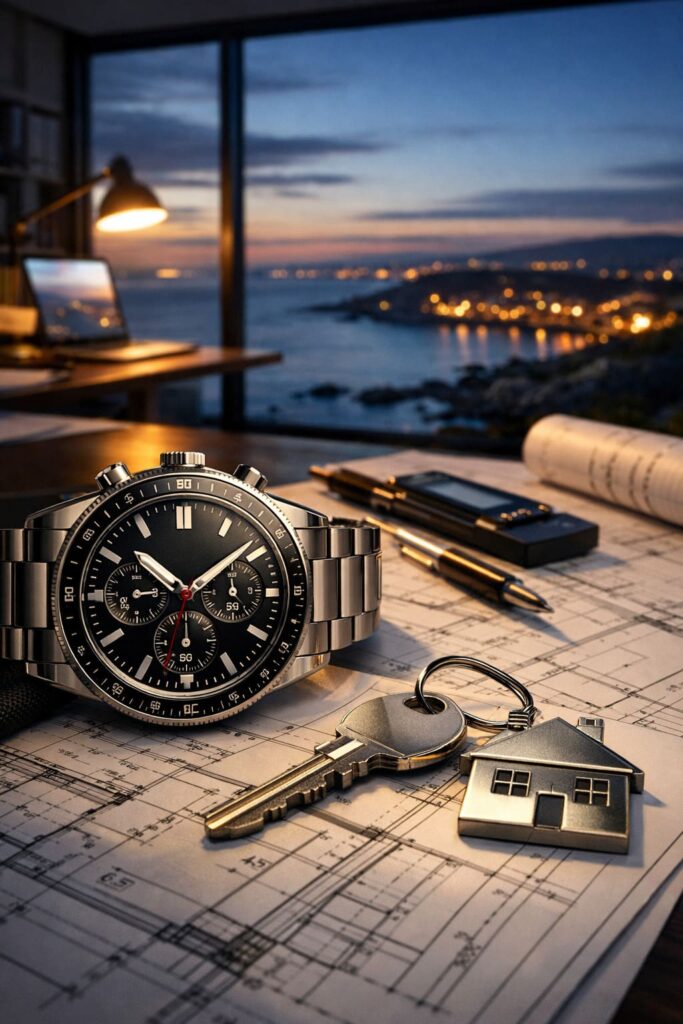 Estrategia y hoja de ruta inmobiliaria Galicia 2026 con planos, llaves y reloj en oficina técnica.