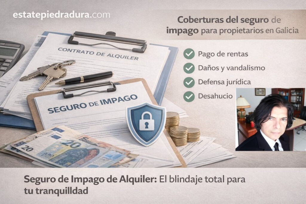 Infografía de coberturas del seguro de impago para propietarios en Galicia